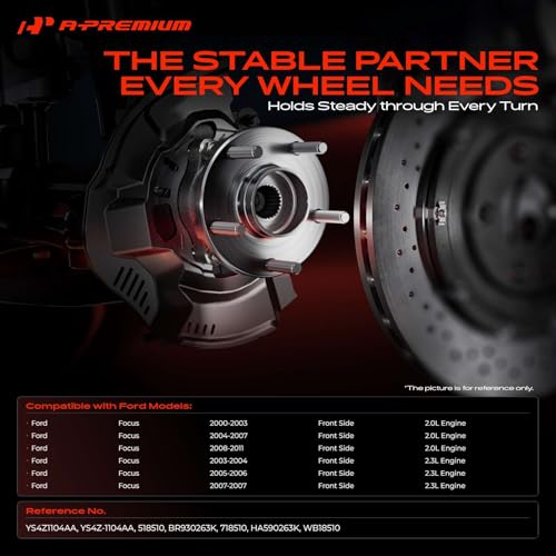 A-Premium Front Wheel Bearing and Hub Assembly Compatible with Ford Focus 2000-2011, w/5-Lug | for Focus 2000-2011, w/5-Lug, High Carbon Steel, Double-Lip Seal Ring, Heat-Resistant Grease
