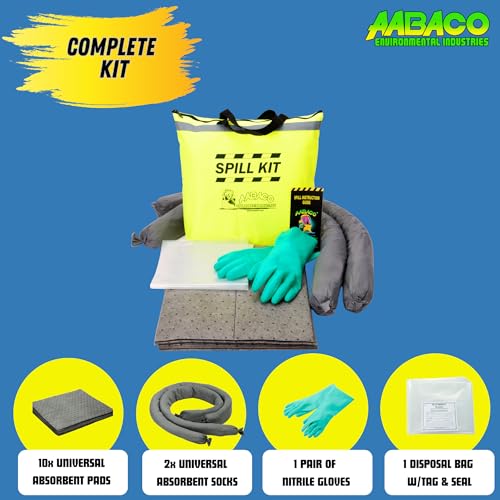 AABACO Universal Spill Kit 5 Gallon Oil Spill Kit with Absorbent Pads, Socks, Yellow Duffle Bag, Gloves & Disposal Bag for Automotive, Garage & Industrial Use - size: 1 Count (Pack of 1)