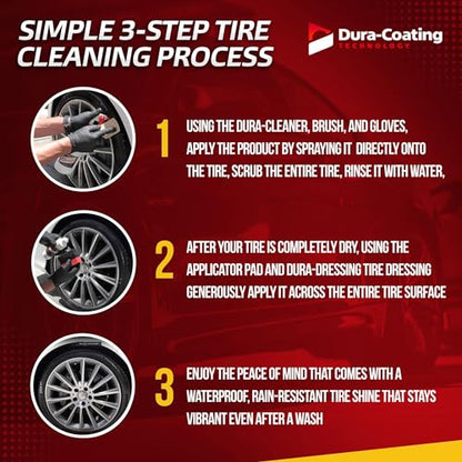 DURA-COATING TECHNOLOGY, Dressing Total Tire Kit - Single Size Car Kit - Tire Dressing, Cleaning and Restoration Kit for Cars - High Gloss Coating to Renew and Protect Your Tires - Made in USA - size: Total Tire Kit