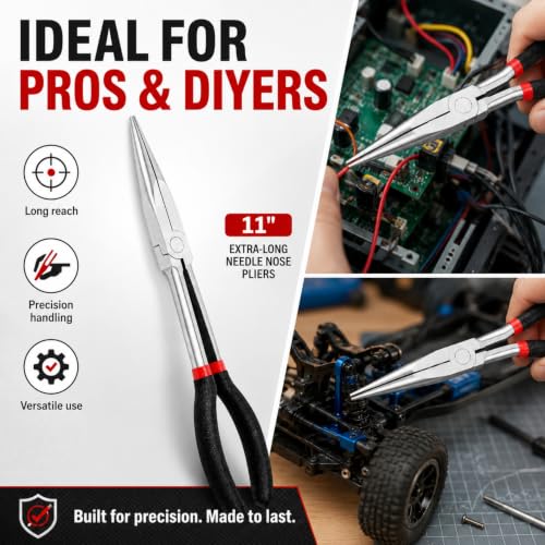 11-Inch Extra Long Needle Nose Pliers, Premium Heavy Duty Long Reach Needlenose Pliers, Non-Slip Grips, Ideal for Professionals Electrical and Hobbyists Alike