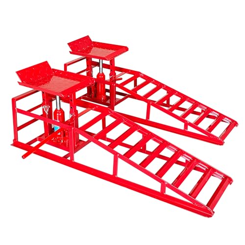 Car Ramps, 2 Pack 11000Lbs 5-ton Hydraulic Truck Ramp Lift, Automotive Low Profile Oil Change Service Ramps with Support Jack for Vehicle Garage Repair, Adjusted Height Range 9.8 to 15 Inches - color: Red