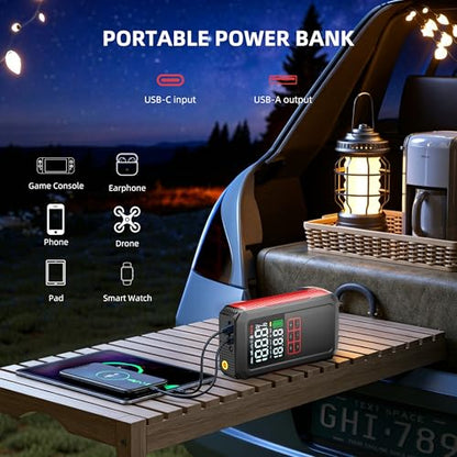 5000A Car Battery Jump Starter with Air Compressor 160PSI, Battery Jumper Starter Portable 7.0L Gas/6.0L Diesel, Jumper Cables, Car Battery Charger with Power Bank & Light, Roadside Emergency Kit
