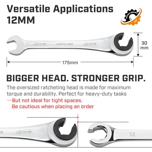 ironcube 12mm Brake Line Wrench Set: Metric Ratcheting Open-end for Nuts on Fuel, Brake or Air Conditioning Lines - size: 12mm