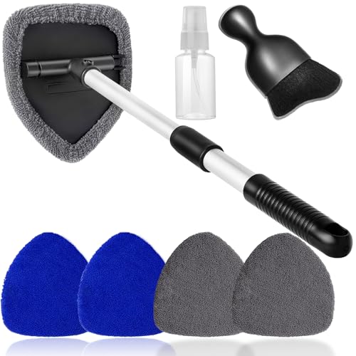 Qydipclin 7pcs Windshield Cleaner Tool Car Window Cleaning Wash Kit with 4 Reusable Microfiber Pads 1 Spray Bottle and Extendable Handle Auto Glass Wiper Kit, Blue&Gray - color: Blue & Gray