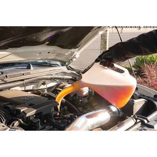 Performance Tool W4046 5 Qt. Oil Jug w/Lid - Measurement Markings, Pouring Handle, Flexible Spout, Spill-Free Oil Transfer, White
