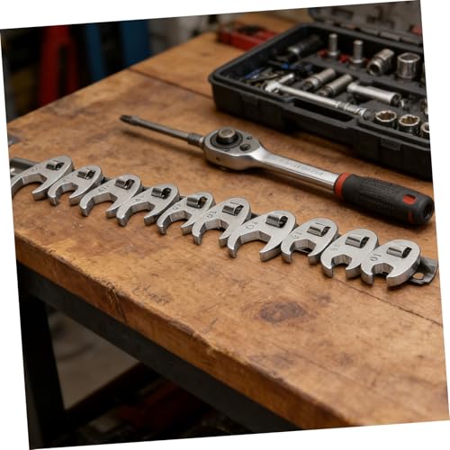 FUOYLOO 10pcs 3/8-inch Metric Ratcheting Open-end Wrench Set with Quick-release Swivel Head, Silver Flare Nut Crowfoot Wrenches for Automotive Repair and Maintenance