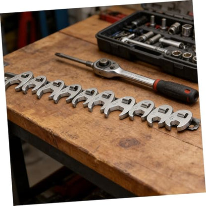 FUOYLOO 10pcs 3/8-inch Metric Ratcheting Open-end Wrench Set with Quick-release Swivel Head, Silver Flare Nut Crowfoot Wrenches for Automotive Repair and Maintenance