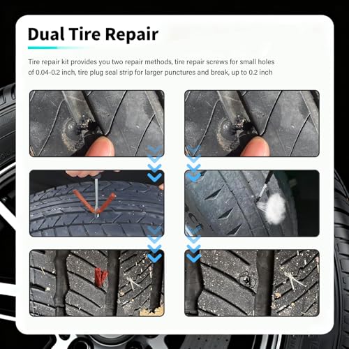 Flat Tire Repair Kit Heavy Duty,All-in-One Tire Plug Kit Includes 60PCS Screw,15PCS Tires Plugs Seal Strip,Screwdriver,Drill,Screw in Tires Plugs Car Emergency Kits for Puncture