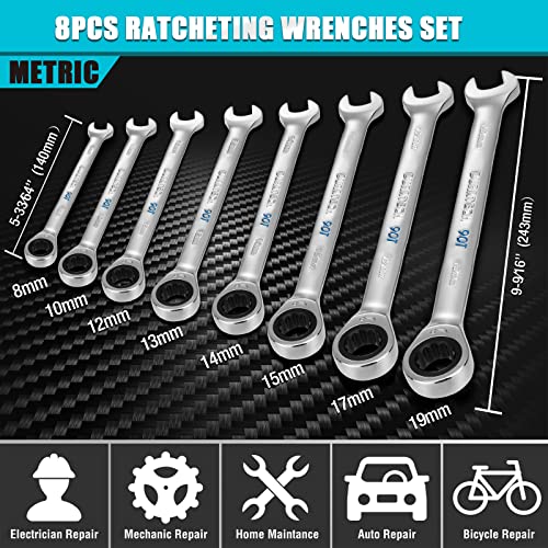 DURATECH 90-Tooth Ratcheting Wrench Set, Combination Wrench Set, 8-Piece, Metric, 8, 10, 12, 13, 14, 15, 17, 19mm, CR-V Steel, Organized in Wrench Rack - size: Metric