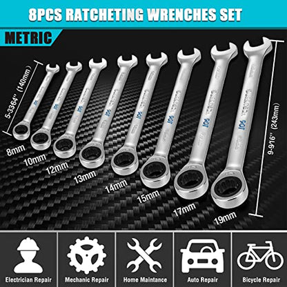 DURATECH 90-Tooth Ratcheting Wrench Set, Combination Wrench Set, 8-Piece, Metric, 8, 10, 12, 13, 14, 15, 17, 19mm, CR-V Steel, Organized in Wrench Rack - size: Metric