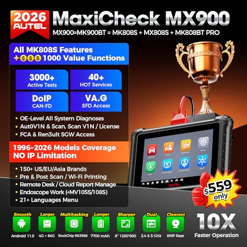 Autel Scanner MaxiChek MX900: 3000+ Active Tests 40+ Service as MK900-BT | 2026 New Ver. of MX808S MK808S, 8 in Bidirectional Tool as MK900BT, All System Diagnosis, 200+ Brands, CAN-FD&DOIP, FCA SGW