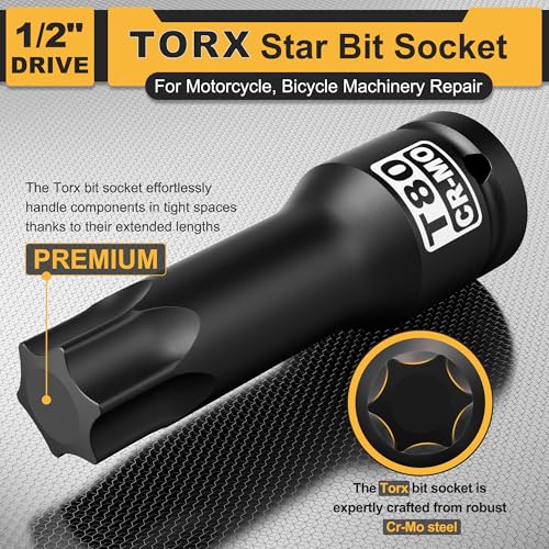1/2" Drive T80 Torx Bit Socket, Star Bit Socket, CR-MO Steel, Motorcycle, Bicycle Machinery Repair - size: 1/2" T80 Deep