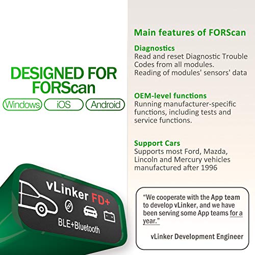 vgate vLinker FD Plus OBD2 Adapter Bluetooth BLE Scanner for FORScan, Work with iPhone, Android, and Windows