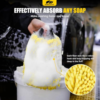 MIKKUPPA Car Wash Mitt Microfiber, Yellow & Gray, 2 Pack, 10" x 7" | Double-Sided Chenille Scratch Free Mitt with Waterproof Inner for Car Washing Home Cleaning - color: Yellow & Gray