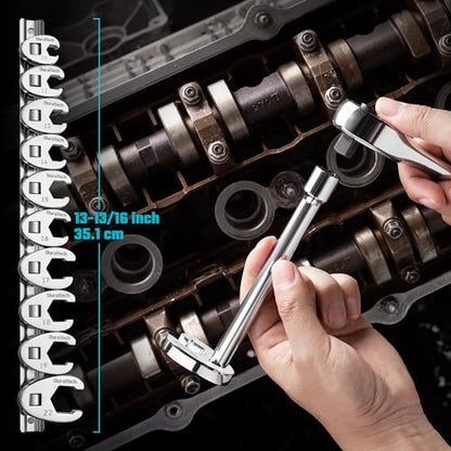 DURATECH 10-Piece 3/8" Drive Crowfoot Wrench Set, Flare Nut Wrench Set | Metric, 10mm-22mm, Designed for Tube Nuts and Flare Fittings on Brake, Fuel and A/C lines, 5-Point Grip, with Storage Rail
