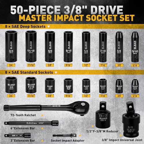3/8" Drive Impact Socket Set - 50-Piece SAE (5/16" to 3/4") & Metric (8-22mm) Socket Wrench Set, 6-Point CR-V Steel Deep & Shallow Sockets with Ratchet Handle, Universal Joint, Extension Bar, Adapter - style: 3/8'' Drive Impact Socket Set