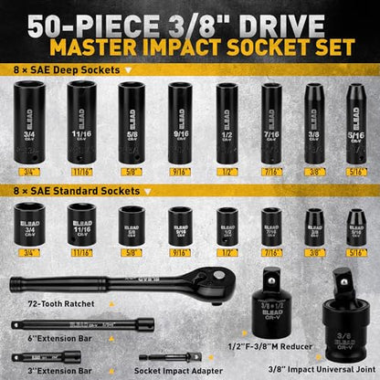 3/8" Drive Impact Socket Set - 50-Piece SAE (5/16" to 3/4") & Metric (8-22mm) Socket Wrench Set, 6-Point CR-V Steel Deep & Shallow Sockets with Ratchet Handle, Universal Joint, Extension Bar, Adapter - style: 3/8'' Drive Impact Socket Set