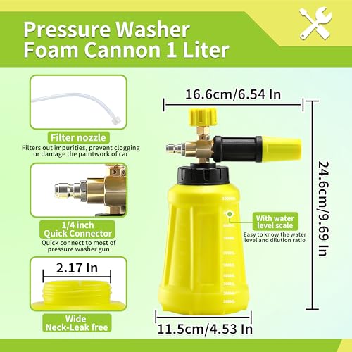FIXFANS Foam Cannon, Compatible with Portland Husky Ryobi Pressure Washer | Wide Neck Pressure Washer Foam Lance, Power Washer Foam Blaster, 1/4 Inch Quick Connector, 5 Nozzles, 1L - size: 1L