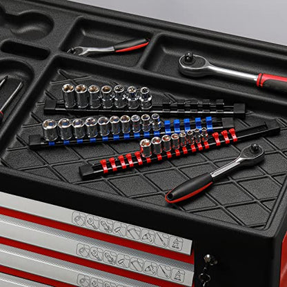 CASOMAN 12PC ABS Socket Organizer, Premium Quality Socket Holders,1/4-Inch x 48 Clips, 3/8-Inch x 90 Clips, 1/2-Inch x 36 Clips, Blue & Red & Black - size: 12PCS