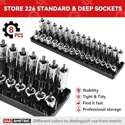 AIUITIO Socket Organizer Tray Set,8-Piece Socket Holder Set Includes 2PCS 1/4", 4PCS 3/8", 2PCS 1/2" Drive Metric SAE Socket Trays, Store 226 Pieces Standard and Deep Sockets