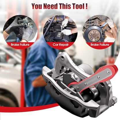 Brake Caliper Compression Tool – 360° Ratchet Piston Press, One-Handed Caliper Spreader with 2 Magnetic Plates, Adjustable Disc Brake Pad Retractor for Single/Dual/Quad/Six-Piston Calipers (Red) | One-handed 360° ratchet single to six-piston oversized mag