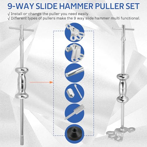 DASBET 19PCS Slide Hammer Puller Set Internal External Puller Hub Puller | 9-Way Dent Hub Gear Puller Remover Set, Wheel Hub Puller Dent Repair Kit