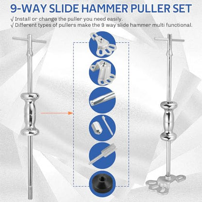 DASBET 19PCS Slide Hammer Puller Set Internal External Puller Hub Puller | 9-Way Dent Hub Gear Puller Remover Set, Wheel Hub Puller Dent Repair Kit