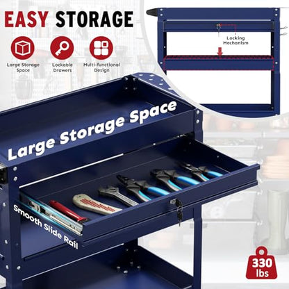 3 Tier Rolling Cart, Heavy Duty Utility Industrial Service Carts on Wheels, Metal Tool Cart with Locked Drawers, Ideal for Garage, Warehouse and Repair Shop（Blue） - color: Blue