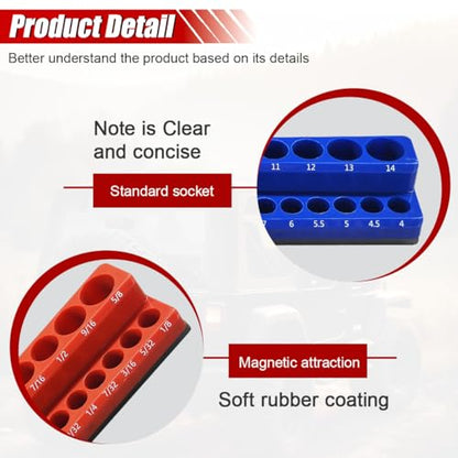 2PCS Magnetic Socket Organizer Set - 1/4 Inch Drive Metric SAE Socket Holder Tool Trays Magnetic Sockets Storage Rail Holds 52 Standard and Deep Sockets for Tool Box Carts Drawer (1/4") - size: 1/4"