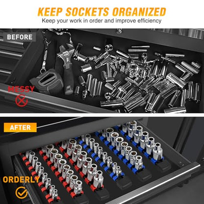 GOOACC Socket Organizer ABS Socket Holder Set 1/4" 3/8" 1/2" Drive Socket Rail Holders Stores up 86 Clips Impact Sockets Organizers Rails for Tool Box Drawer, 6 Piece Blue Red - size: Clip Rail 6PC 1/4"3/8"1/2" Blue Red