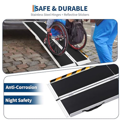 Portable Wheelchair Ramp Heavy Duty Aluminum Folding Ramp w/Non-Slip Surface, 600Lb Capacity, Threshold for Home Steps, Scooter for Car, Doorways, Curbs & Stairs (Foldable, Lightweight, Safety Lock) - size: 6 ft