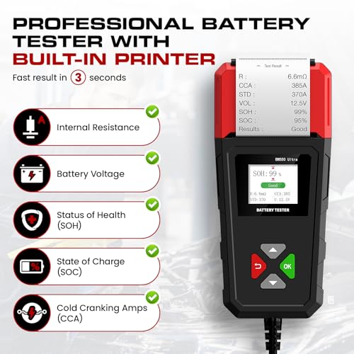 Car Battery Tester with Printer 6V 12V 24V 100-2000CCA Battery Load Tester | Compatible for Lead-Acid, AGM, GEL, EFB Batteries, Automotive Digital Battery Analyzer for Car, Truck, Motorcycle, ATV, Boat - color: Black + Red