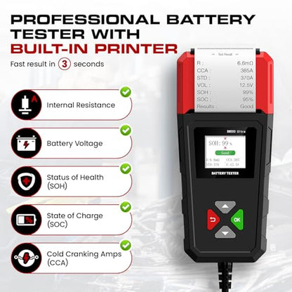 Car Battery Tester with Printer 6V 12V 24V 100-2000CCA Battery Load Tester | Compatible for Lead-Acid, AGM, GEL, EFB Batteries, Automotive Digital Battery Analyzer for Car, Truck, Motorcycle, ATV, Boat - color: Black + Red
