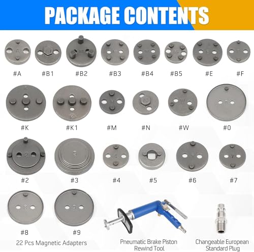24PCS Pneumatic Brake Caliper Piston Wind Back Compression Spreading Tool Kit for Brake Pad Replacement, Heavy Duty Brake Piston Caliper Compression Tool Set with 22 Adapters Fits Most Vehicles - size: 24PCS Brake Adjusting Tool