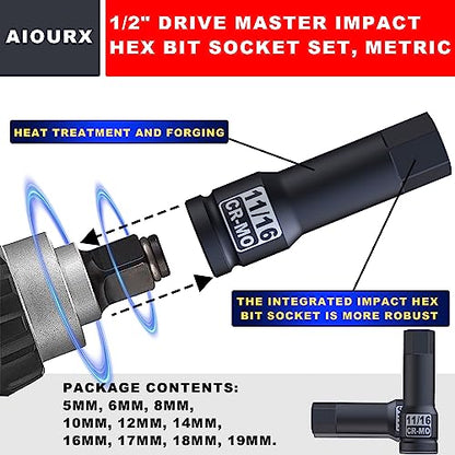 1/2" Drive Master Impact Hex Bit Socket Set, SAE, 10 Pieces 1/2" Drive Impact Allen Bit Socket Set, 1/4" - 3/4", Cr-Mo Steel, Heavy Duty Storage Case - size: 1/2“Hex SAE