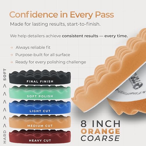 TCP Global 8" Orange Waffle Foam Buffing Pad Hook and Loop Backing - Coarse Buffing Pad for Polishing, Automotive, Marine, Truck, RV & Compound Cutting, Car Polishing Pads - color: Orange