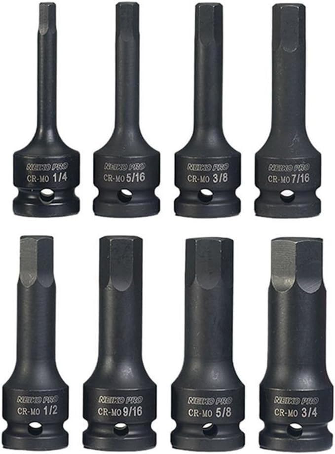 NEIKO 01137B 1/2-Inch-Drive Allen Socket Set, 3-Inch Length, 1/2-Inch Impact Hex-Bit Socket Set, SAE Hex Driver 1/4" to 3/4", CrMo Steel, Impact-Grade, 8-Piece Set - style: SAE
