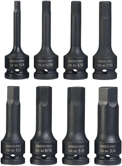 NEIKO 01137B 1/2-Inch-Drive Allen Socket Set, 3-Inch Length, 1/2-Inch Impact Hex-Bit Socket Set, SAE Hex Driver 1/4" to 3/4", CrMo Steel, Impact-Grade, 8-Piece Set - style: SAE