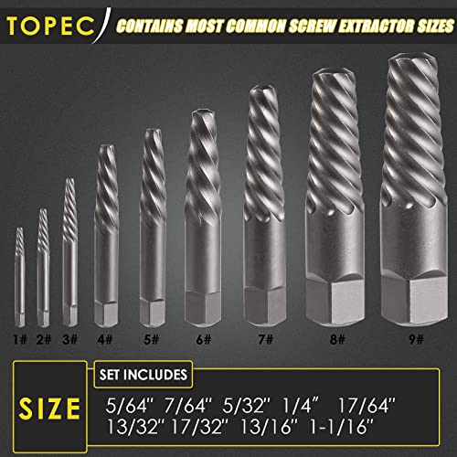 Topec 9 Piece Jumbo Spiral Flute Extractor -Easy Out Bolt Screw Extractor Set Square Shank Reverse Bit Set for Removing Broken Screws, Bolts, and Studs with Reverse Drill Bit Extractor Set - size: 9 Piece