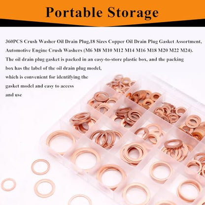 360PCS Crush Washer Oil Drain Plug,18 Sizes Copper Oil Drain Plug Gasket Assortment,Automotive Engine Crush Washers (M6 M8 M10 M12 M14 M16 M18 M20 M22 M24) - size: 360PCS (M6-M24)