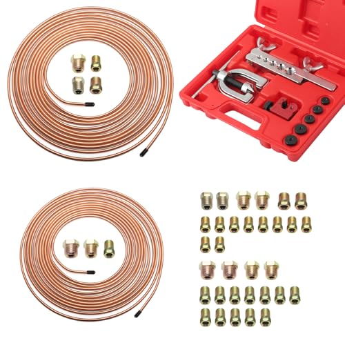 25Ft 1/4"& 3/16" Brake Line Kit,Single & Double Brake Line Flaring Tool Kit for Most Hydraulic Braking Systems,Brakes Lines Repair Kits with 32 Inverted Fittings + Cutter