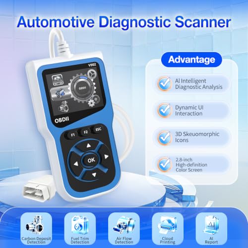 V902 OBD2 Scanner - Professional Car Code Reader & Diagnostic Scan Tool, AI Report & Cloud Print, 2.8" Color Screen, Read/Clear Fault Codes, I/M Readiness, for All 1996+ OBD2 Cars, Trucks, SUVs & RVs