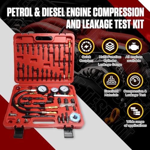 Compression and Leakage Test Kit 47PCS Petrol & Diesel Engine Compression Tester Automotive Cylinder Leak Down Tester Kit with Dual Gauge Engine Compression Tester Kit for HDi, TDCi, Pumpe Duse Engine