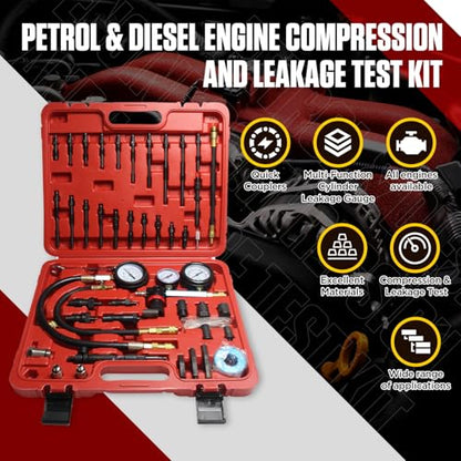 Compression and Leakage Test Kit 47PCS Petrol & Diesel Engine Compression Tester Automotive Cylinder Leak Down Tester Kit with Dual Gauge Engine Compression Tester Kit for HDi, TDCi, Pumpe Duse Engine
