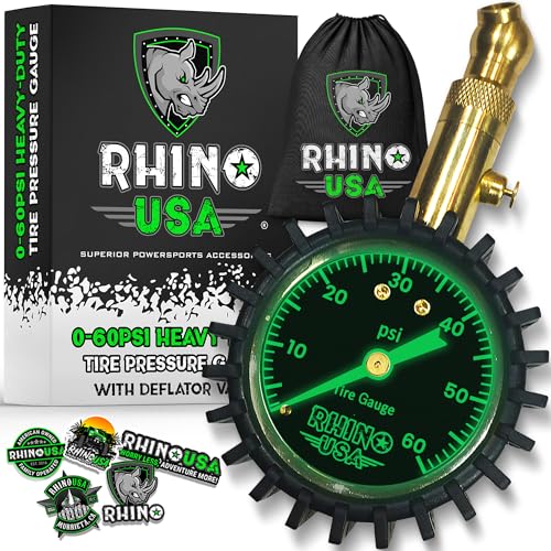 Rhino USA Heavy Duty Tire Pressure Gauge - ANSI Certified Glow Dial | ANSI B40.1 certified accurate, large 2in glow dial, 360° swivel head, solid brass hardware for car & truck tires. - size: 60 PSI Compact