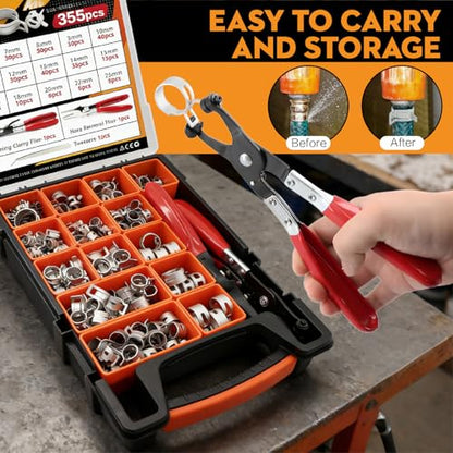 355Pcs Spring Band Hose Clamp Assortment Kit, 6-25mm 15 Sizes Carbon Steel for Fuel Line, Vacuum & Silicone Hoses, Automotive & DIY, with Swivel Jaw Pliers & Removal Tool - size: 15 sizes-355 PCS
