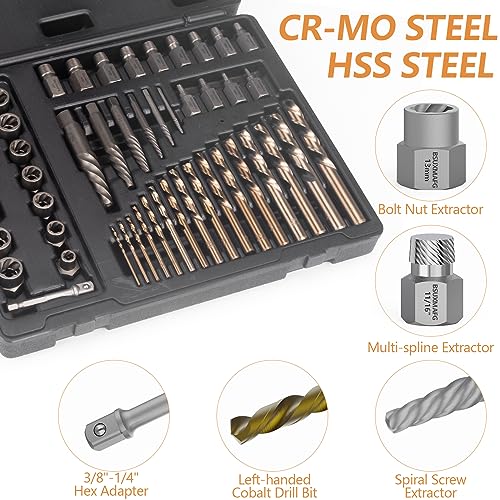 49PCS Screw & Bolt Extractor Set with Left Hand Drill Bit Set, Multi-Spline Easy Out Broken Bolt Remover Tools for Damaged Stripped Rounded-Off Bolts, Socket Screws, Nuts, Studs, and Fittings - size: 49 Pieces