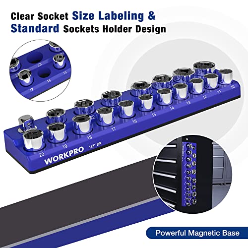 WORKPRO Magnetic Socket Organizer, 1/2-Inch Metric Socket Holder | Hold 19-Piece Sockets, Suitable for Standard and Deep Socket, Magnetic Base, No Scratches Installation, Sockets not Included - size: 1/2" DR - Metric