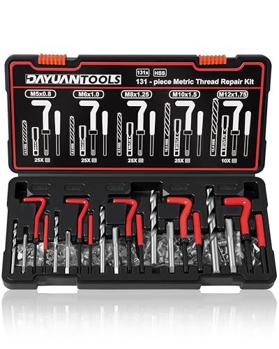 DAYUAN 131Pcs Metric Helicoil Thread Repair Kit, HSS Drill Heli Coil Repair | M5-M12 Sizes，HSS Drill Bits & Taps，Stainless Steel Inserts，Repairs Stripped Threads，Storage Case - size: Black -131Pcs- Metric