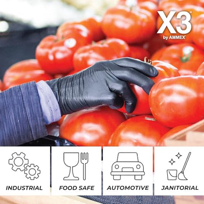 X3 Black Gloves, Disposable, Latex Free, Nitrile, for Cooking, Food Prep, 3 Mil, Powder-Free, Sizes Small through XX-Large - size: X-Large, style: Case of 1000
